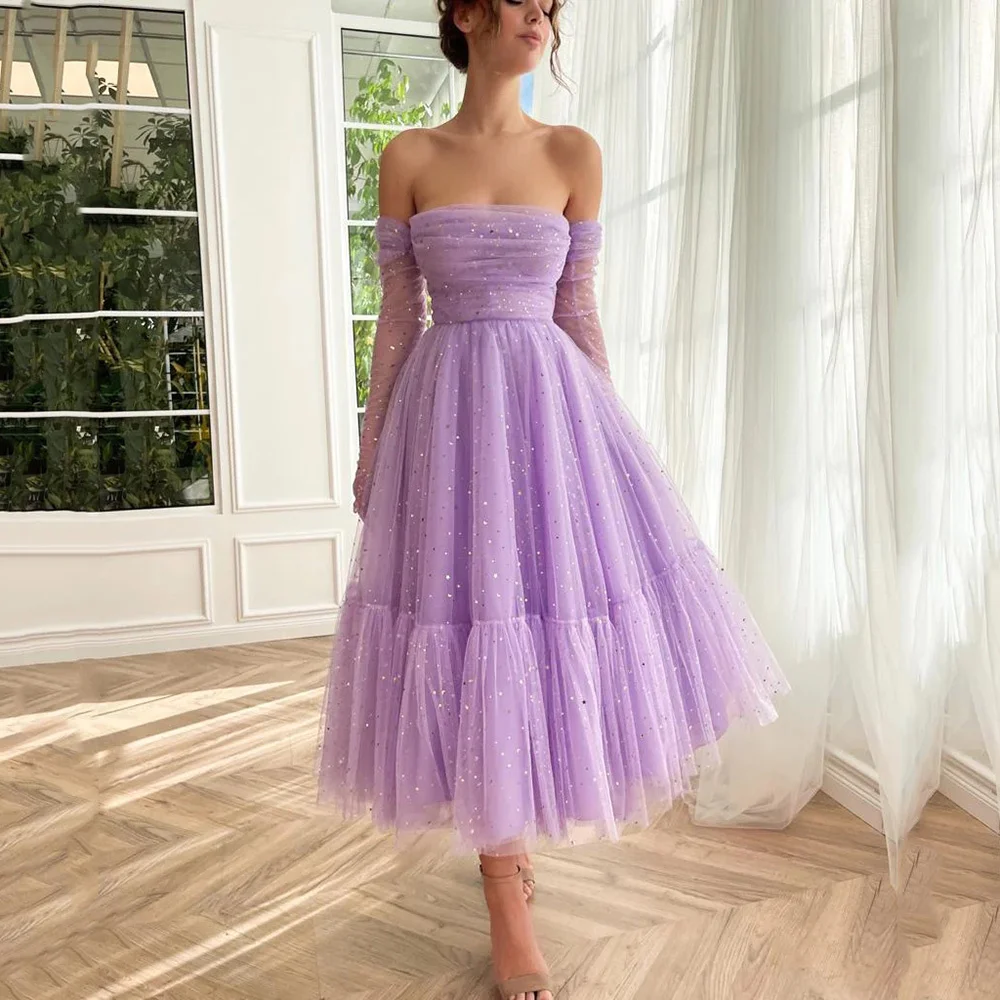 

Glitter Short Lavender Prom Dresses 2024 Pleated Off Shoulder A-Line Graduation Dress Long Sleeves Tea Length Formal Party Gowns