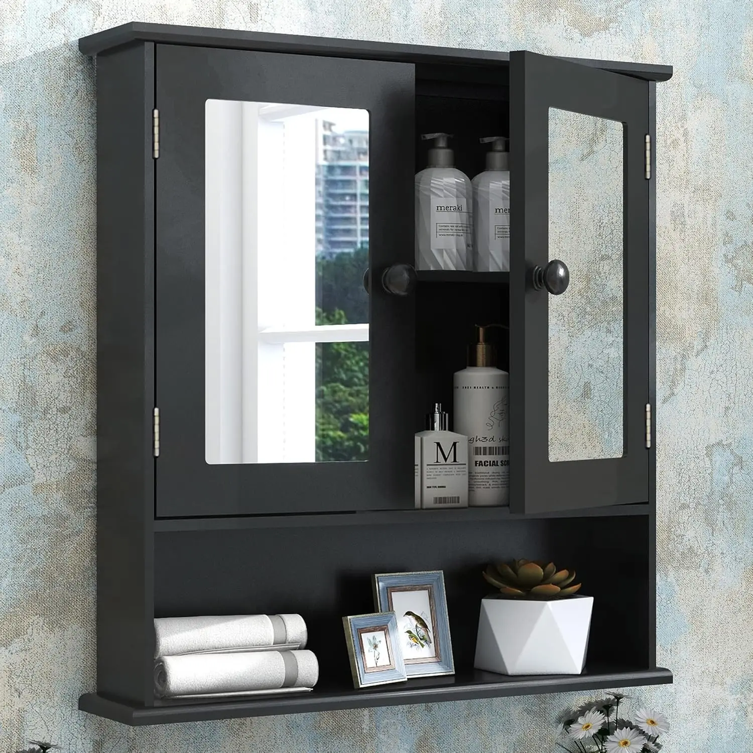 

Black Medicine Cabinet, 2 Doors 3 Open Shelf, Wall Mounted Wooden Storage Cabinet Over Toilet