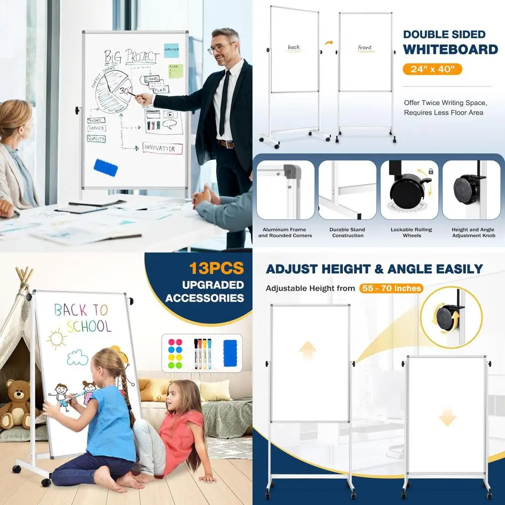 لوح مسح جاف مغناطيسي قابل للعكس مقاس 24 × 40 مع حامل، سبورة بيضاء متنقلة للمدرسة والمكتب والاستخدام المنزلي #1
