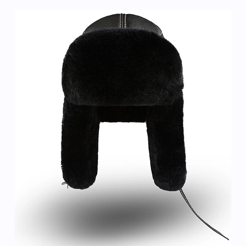 Winter Bomber Hats Rex Rabbit Fur Earflap Russian Ushanka Men Trapper Aviator Pilot Hat Real Leather Fur Snow Caps