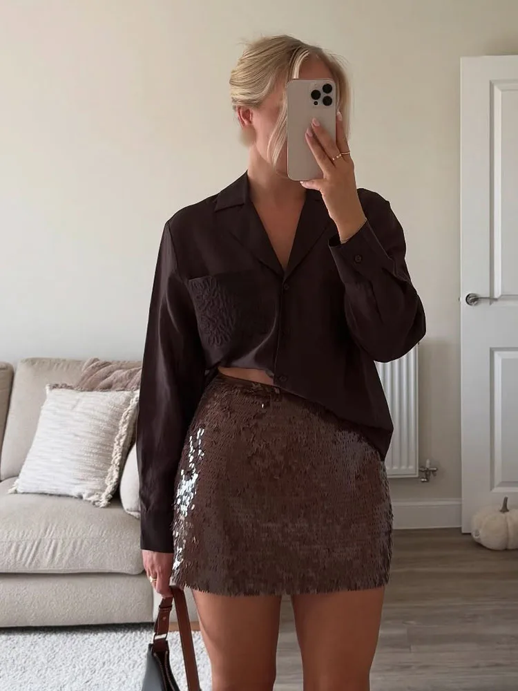 

HH Women Summer Sequin Decorate Mini Skirt Shiny Sexy Side Zipper Elegant Skirt Woman Fashion Side Zipper Solid A-line Skirt