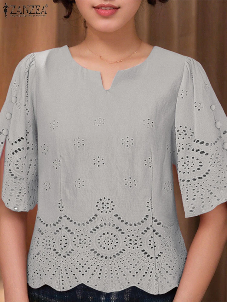 

ZANZEA Fashion Cotton Blouse Women Flare Sleeve Hollow Out Lace Tops 2025 Autumn V-Neck Elegant Casual Shirts Oversized Blusas