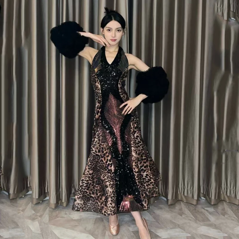 

Hanging Neck Sleeveless Bead Leopard Fish Bone Big Swing Skirts Ballroom Dance Dress For Women Adult Waltz Modern Dress DQS18608