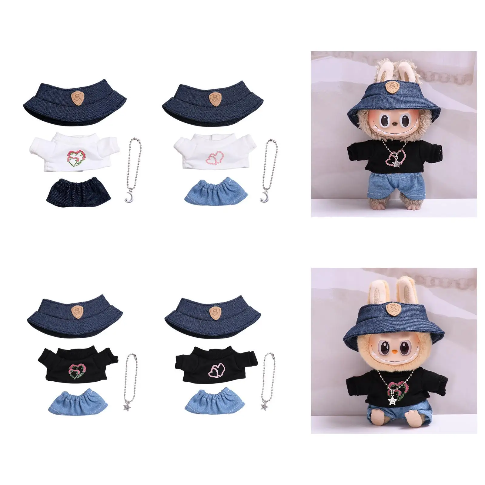 4x Girl Doll Clothes with Doll T-shirt, Jeans, Necklace, Hat Handmade Dress up Cartoon Mini for 15cm-17cm Doll Birthday Gifts