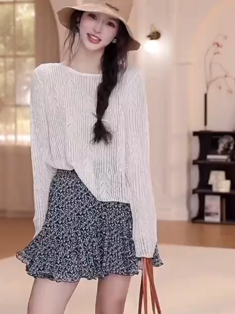 

Loose Long Sve Hollow out Knitted Top round Ne Pullover Lazy Sle Autumn Faion Slimming Ele Women's Clothing