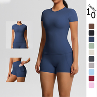 2PCS Yoga Set Gym Clothes Sportswear With Pocketed Yoga Suits For Women Fitness Short Sleeve Crop Top Tracksuits Sports Bra Gym