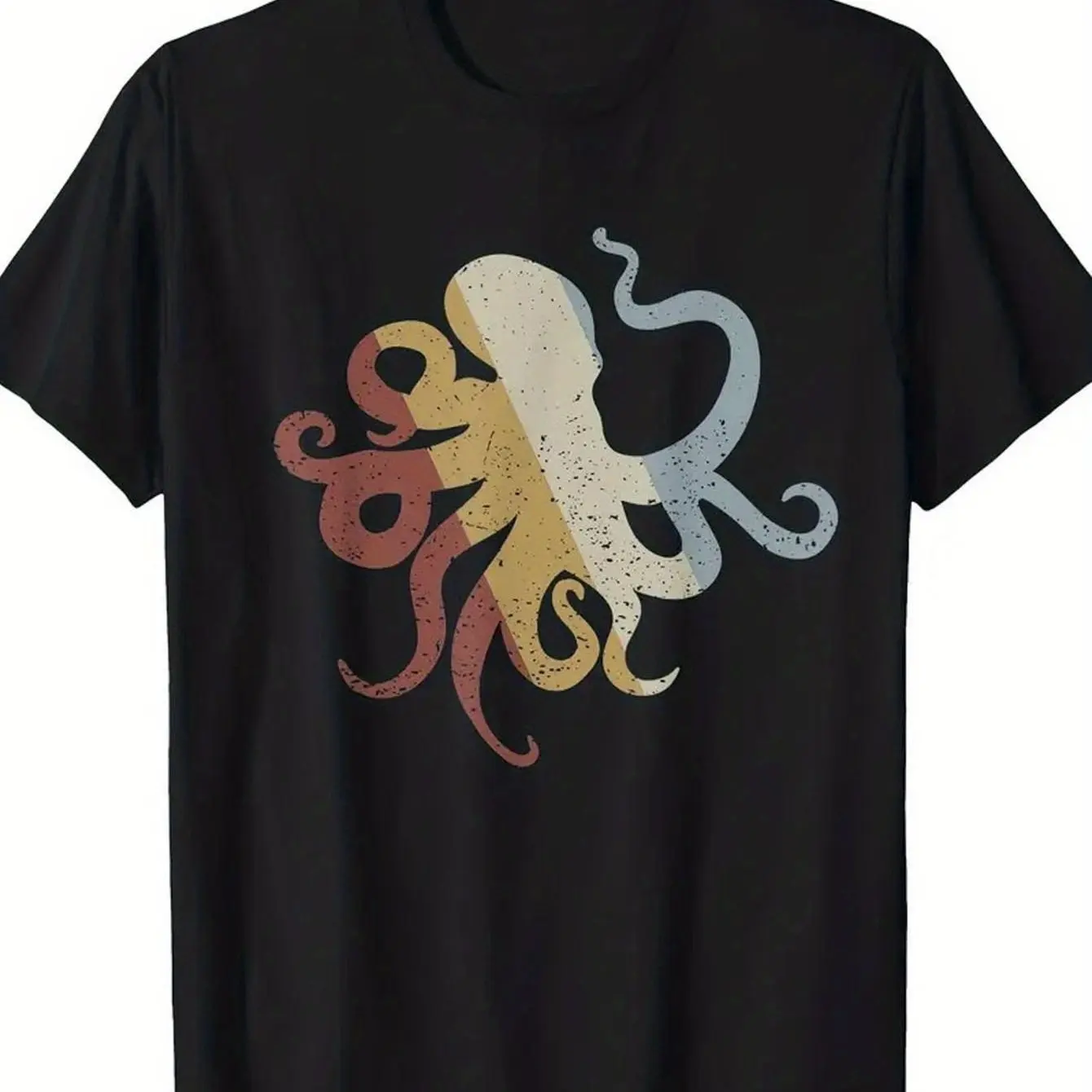 Men's Retro Octopus Cotton T-Shirt, Distressed Vintage Colorful Ocean Creature Graphic Tee, Black Short Sleeve Top