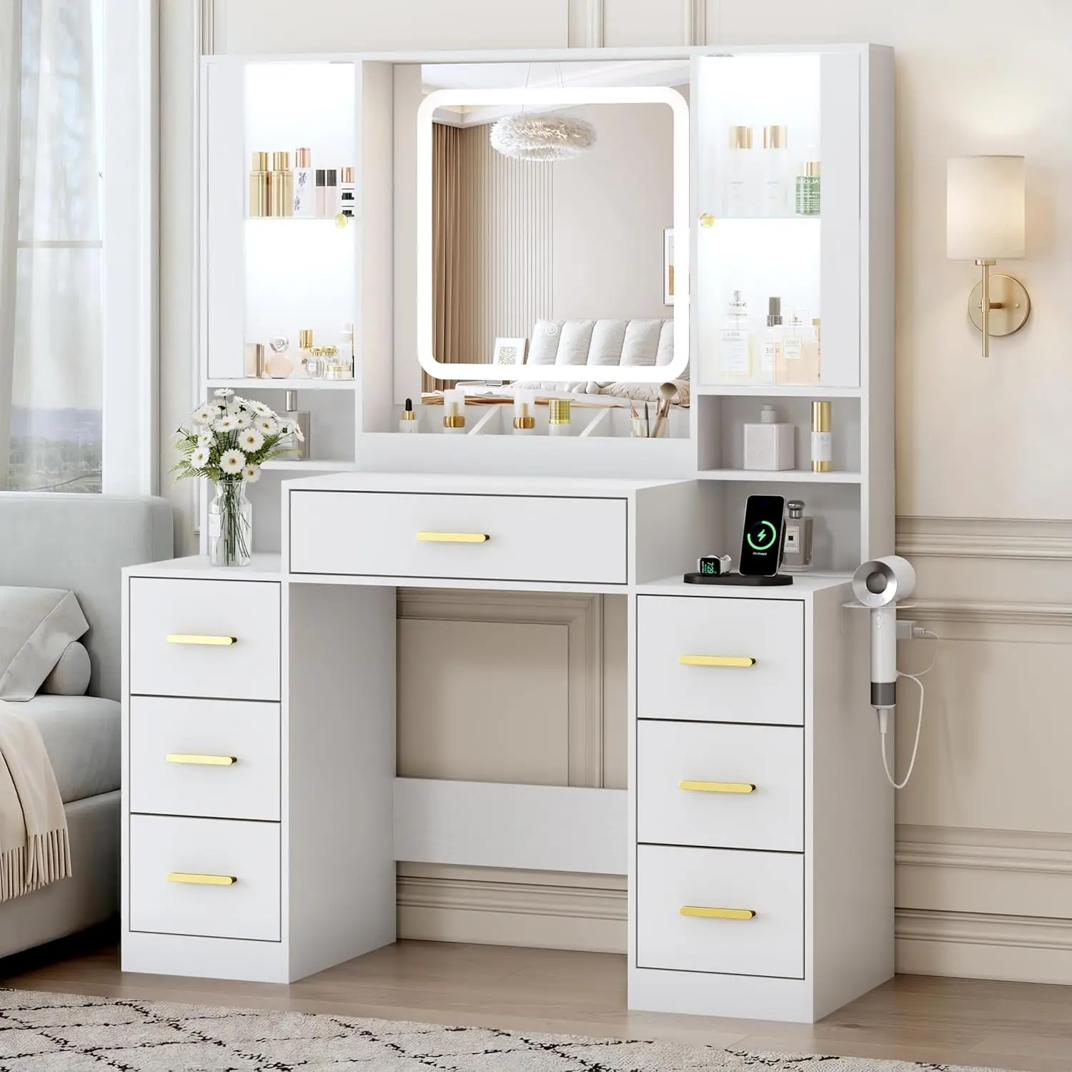 

Vanity Desk with Mirror and Lights, Makeup Vanity with 7 Drawers, 2 Glass Door Cabinets, Charging Station, Adjustable Shelves