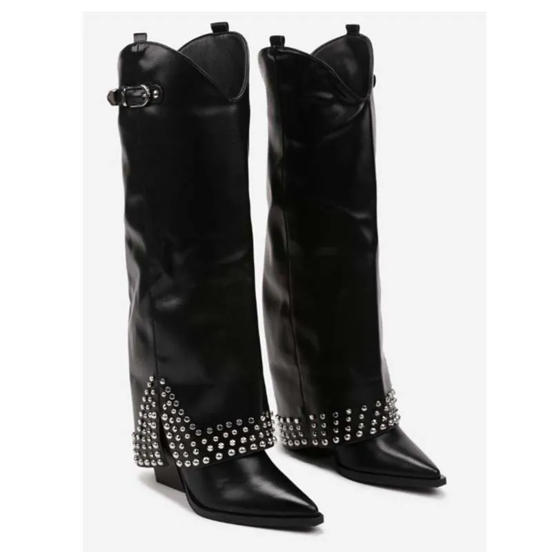 New Rivet Belt Buckle Decorative Wedge Heel Skirt Boots European American Fashion Pointed Black Thick Heel Pants Boots Size34-43