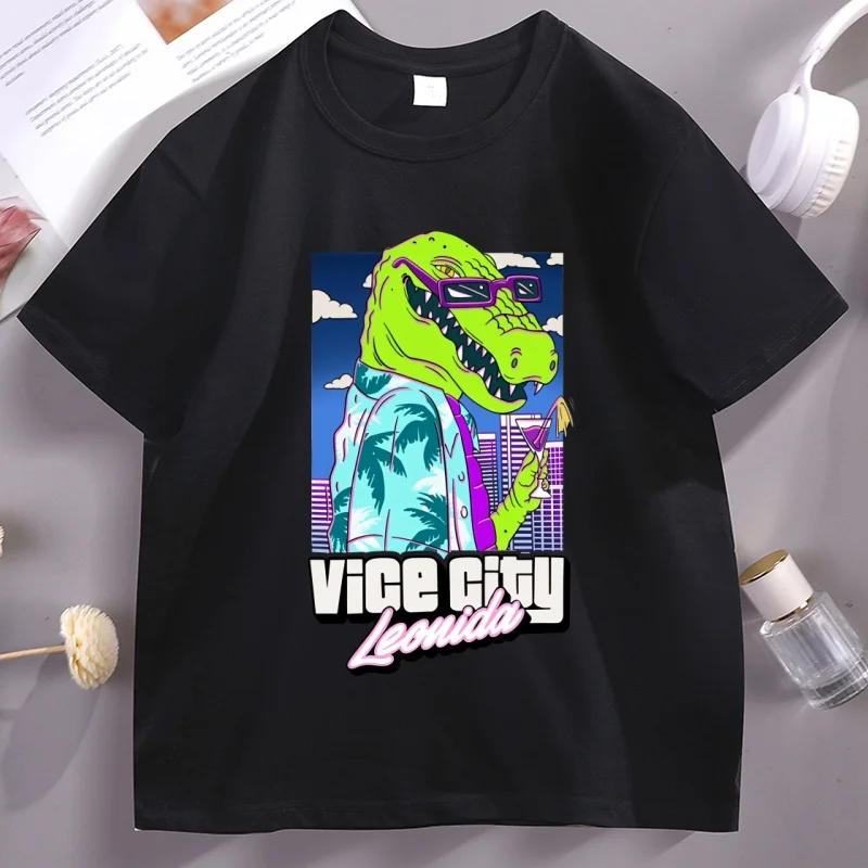 Jason Vice City Alligator-Print T-Shirt aus Baumwolle, Kurzarm, Rundhals, T-Shirts für Männer und Frauen, Streetwear, Casual T-Shirts, Kleidung