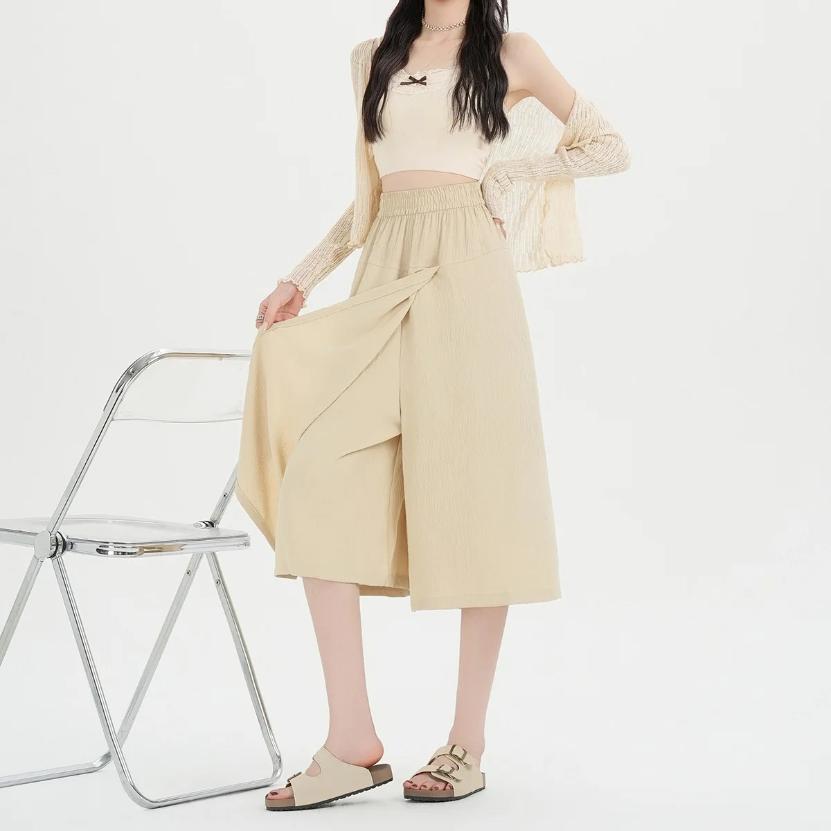 Ice Silk Wide Leg Pants Women's Summer New Style Casual Loose Fit Anti-Light Walking Skirt Pants Tencel Lyocell Fiber