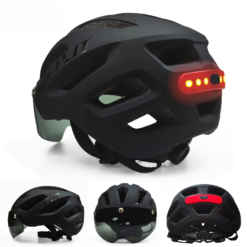 New USB Rechargeable LED Taillight Bike Helmet Sun Visor Goggle Men Bicycle Helmet Sunglasses Riding Road MTB Cycling Helmet
