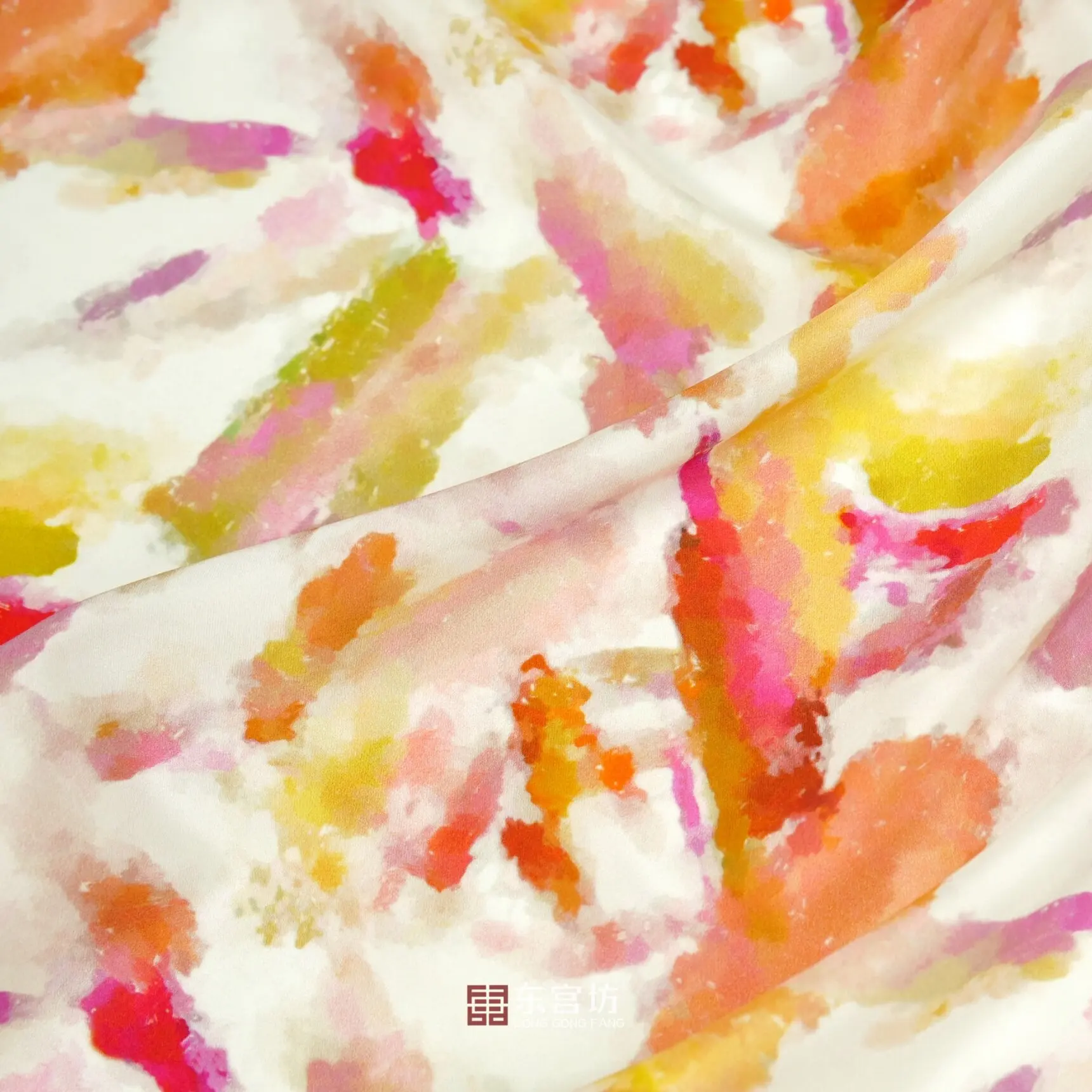Spring and Summer Pink Orange Yellow Green Abstract Flower Print Silk Crepe De Chine Silk Fabric Cheongsam Hanfu Clothing Fabric