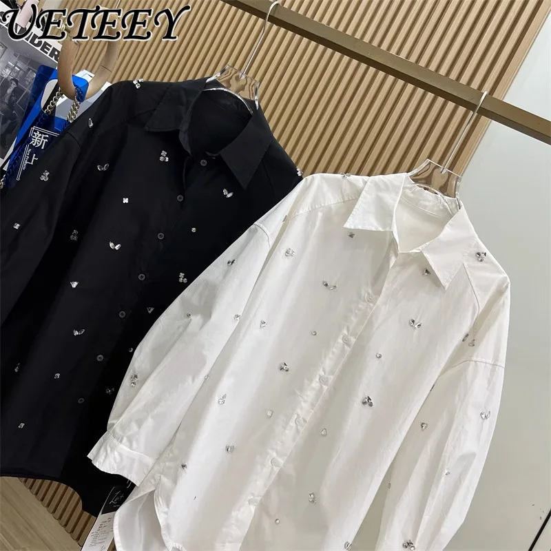 European Goods Light Luxury French Tops Heavy Industry Hand-Sewn Rhinestone Lapel Profile Long Sleeve Mid-Length Shirt for Women