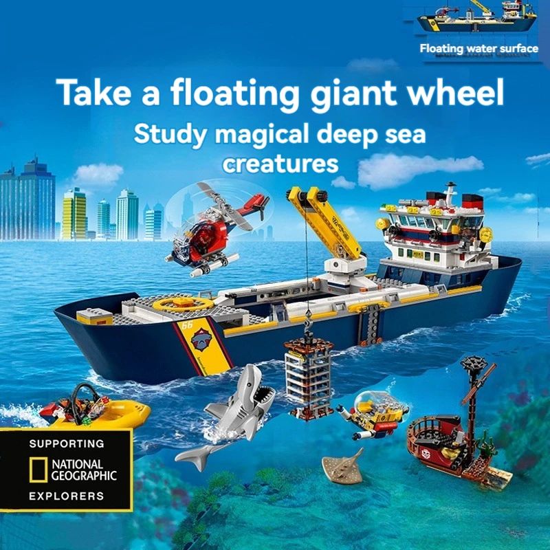 City Ocean Exploration Giant Sea Ship Set Building Blocks Marine Organism Boat Bricks 60266 Model Assembly Toys Kids Gifts 11617