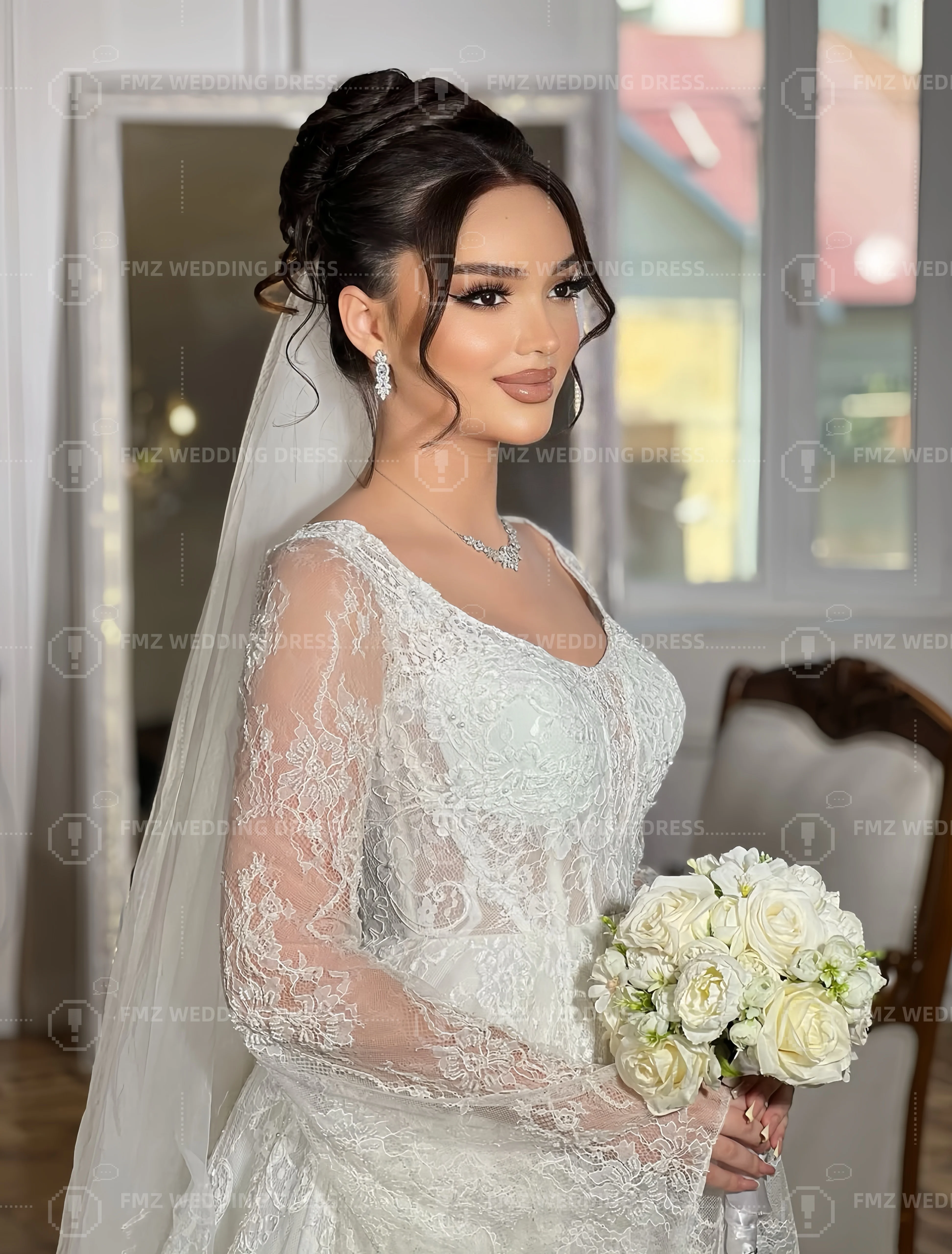 Элегантное кружевное свадебное платье трапециевидной формы с длинными рукавами и воротником-ложкой по индивидуальному заказу, официальное платье amanda novias