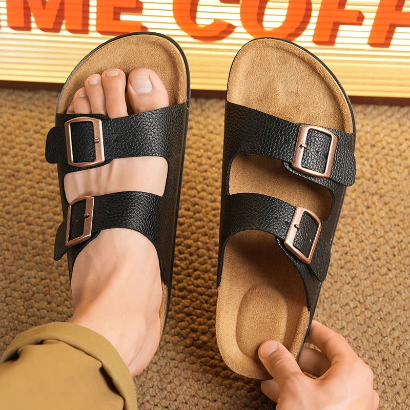 

Летние мужские и женские сабо, пробковые тапочки, регулируемые шлепанцы с двойной пряжкой, сандалии из микрофибры, повседневные сандалии без шнуровки, два ремня