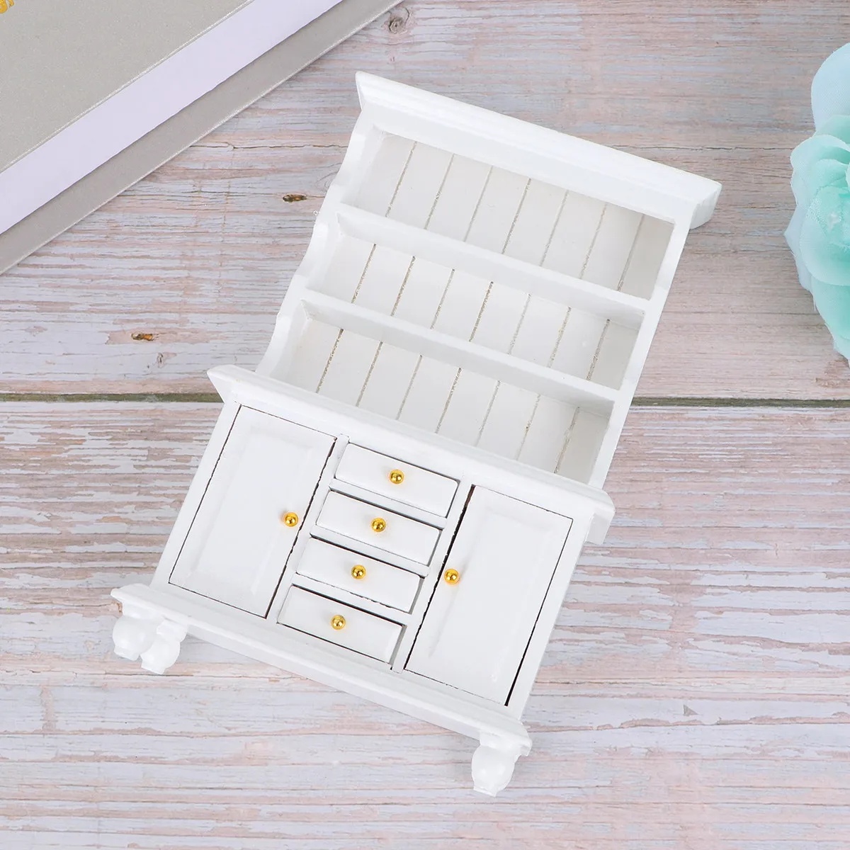 

1 12 Mini House Furniture Wooden Bookcase White Traditional Design Three Shelf Four Drawer Two Door Cabinet Brass Handles