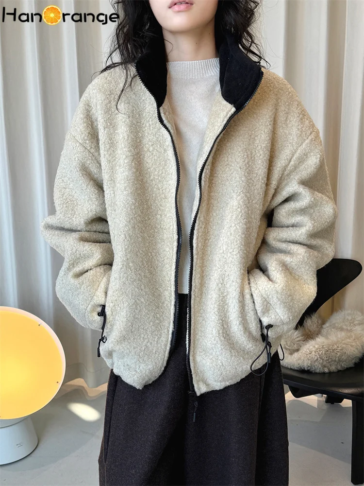

HanOrange 2025 Winter Retro Fashion Lapel Zipper Fleece Fake Lamb Hair Warm Comfortable Jacket Women Outwear Apricot