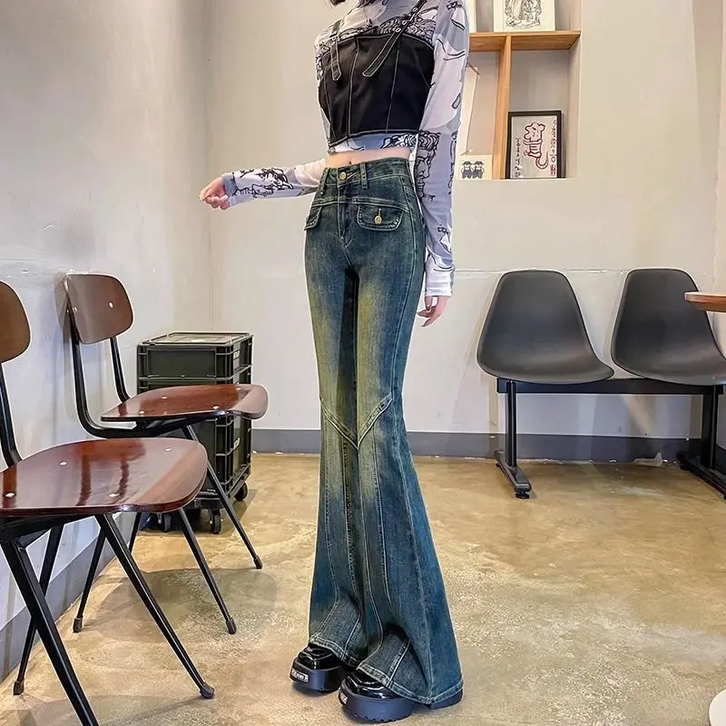 Spring Autumn New Retro Blue Bell Pants Women's High-waisted Slimming Micro-ripped Jeans