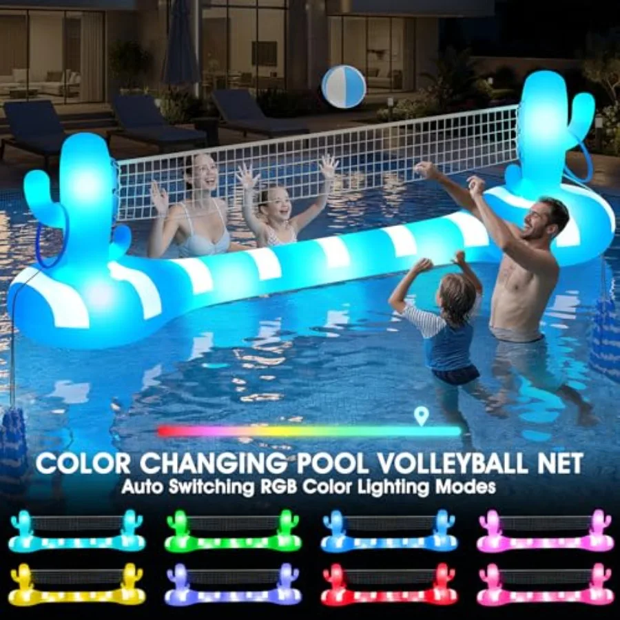 Pool volleyball net for inground pools inflatable floating solar-powered design in blue and white durable PVC material with bui