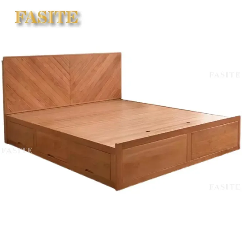 For Solid Wood High Box Storage Bed with Air Pressure Lift Large Capacity Cherry Wood Fish Bone Frame