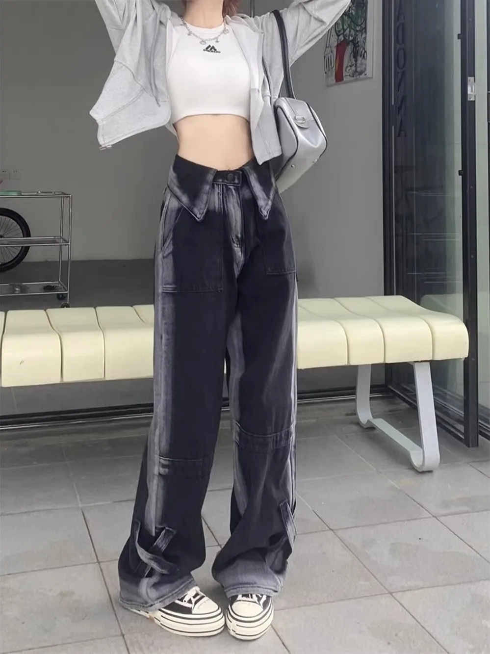 Slimming High Waist Wide Leg Jeans Women's Black Grey Frayed Hem Denim Pants Loose Fit Floor Length Spring Autumn Trousers