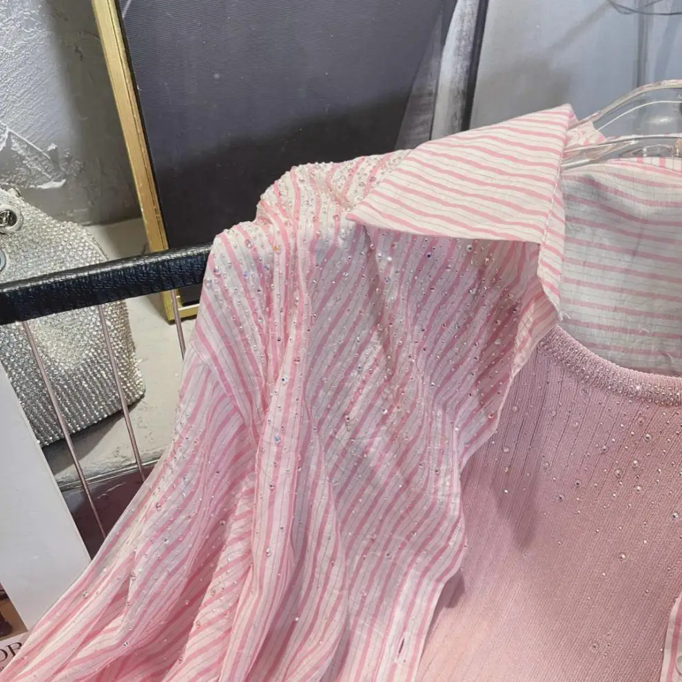 Thin Striped Starry Sky Rhinestone Cool Long-Sleeved Blouse for Women Ice Blue Sun Protection Shirt 2023 New Summer Camisas Tops