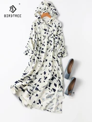 BirdTree, 24MM 93%Real Silk Hooded Dresses, Women Loose Waisted Geometry Printed, Elegant Commute Dresses, 2024 Summer, D43410QC