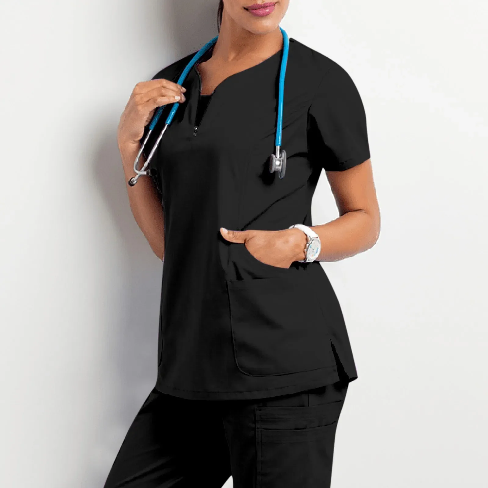 Women Short Sleeve Scrub Tops Solid Nurse Uniform V-Neck Pocket Care Workers T-Shirt Tops Clinic Beauty Salon Working Clothing