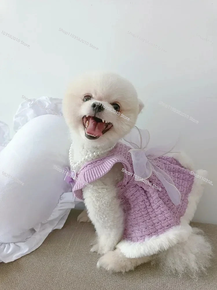 Pet kitten dog autumn winter warm thickened sweater small dog pomeranian teddy fairy dress princess dress