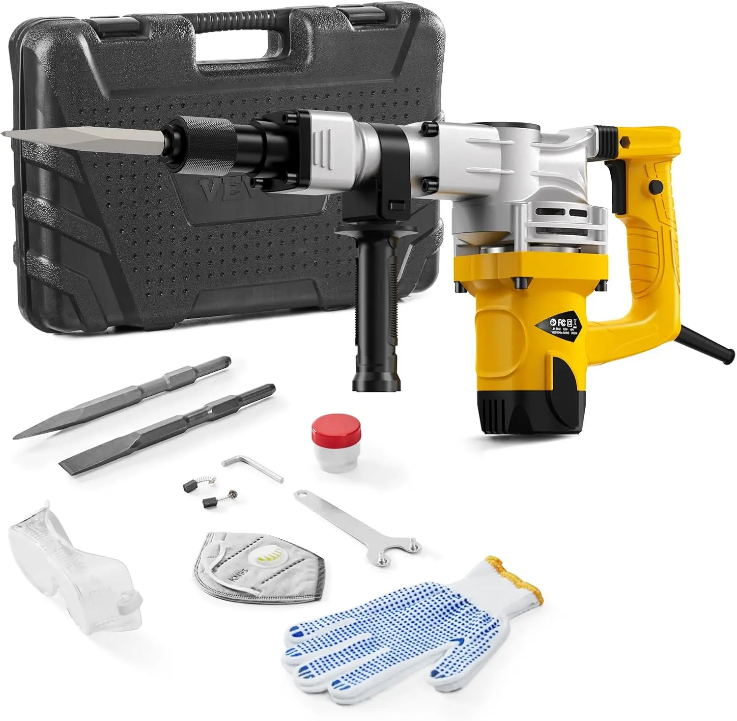 

1400W Electric Demolition Jack Hammer, 2900 BPM Concrete Breaker with Chisels, Case & Safety Gear