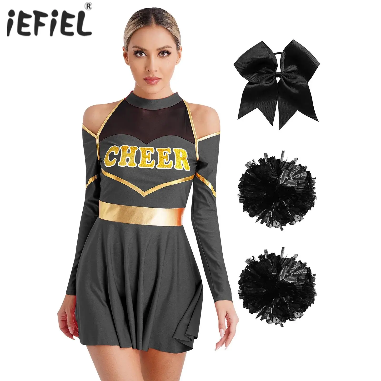 

Womens Cheer Leader Costume Cheerleading Dress with Pompoms Hairband for Dance Competition Carnival Cheer Up Stage Performance