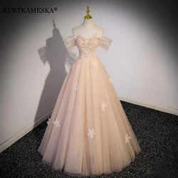 Khaki Luxury Evening Dress Romantic Flower Stickers Wedding Shooting Ball Birthday Dress 2024 New Maxi Party Dresses for Women