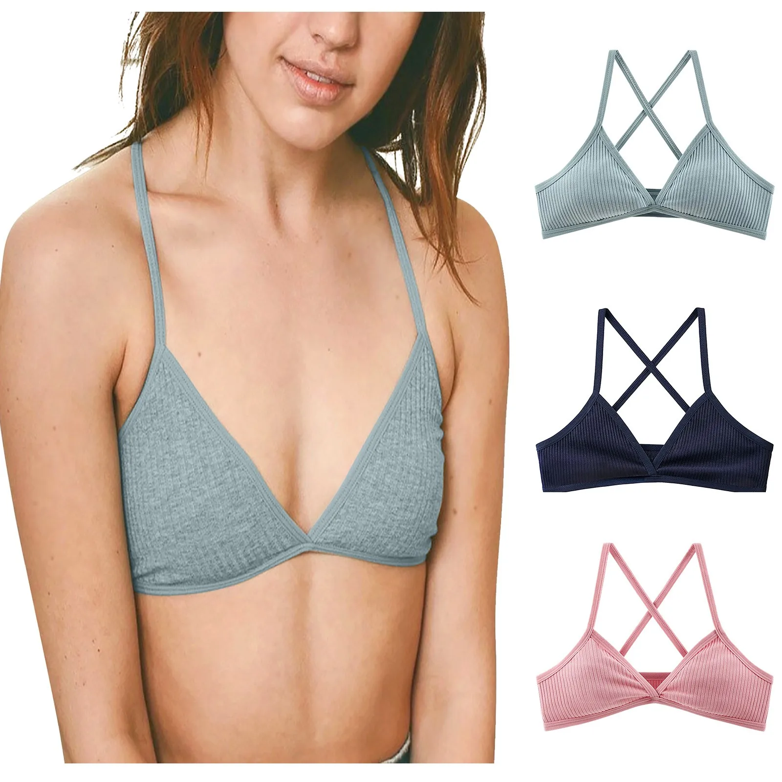 

Women's Thread Triangle Cup Bra Sports Thin Wireless Lingerie Lightly Lined Bralette Deep V-Neck Tube Top Backless Strap Bras