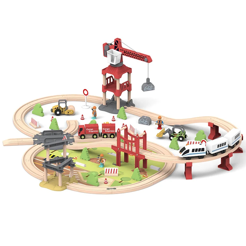 Décennie s de construction de piste d'épissure électrique en bois pour enfants, thème de l'ingénierie urbaine, voiture de jouets assemblés, ensemble de train pour garçons