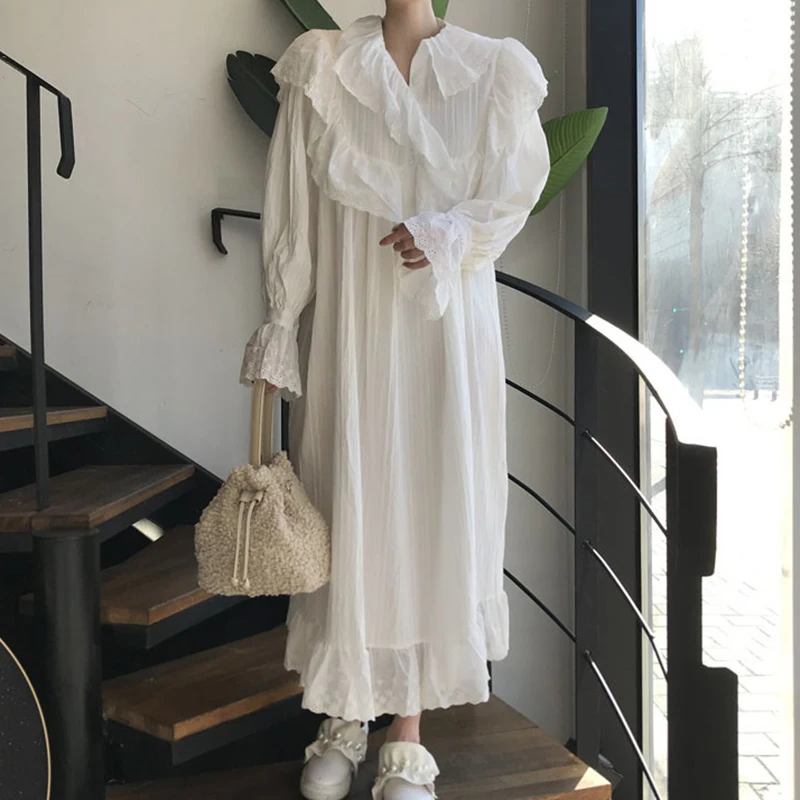 Vestidos De Mujer Heavy Industry Lace Doll Neck Ruffle White Folded Loose Flare Sleeve Dress  Long Shirt Birthday Summer