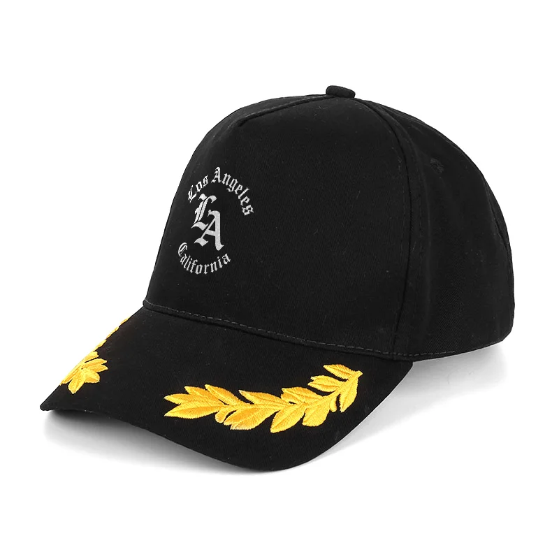 Gorra de Béisbol con Logotipo de Los Angeles, California, LA, con Bordado de Laurel Amarillo, Negra, Ajustable, para Hombre y Mujer