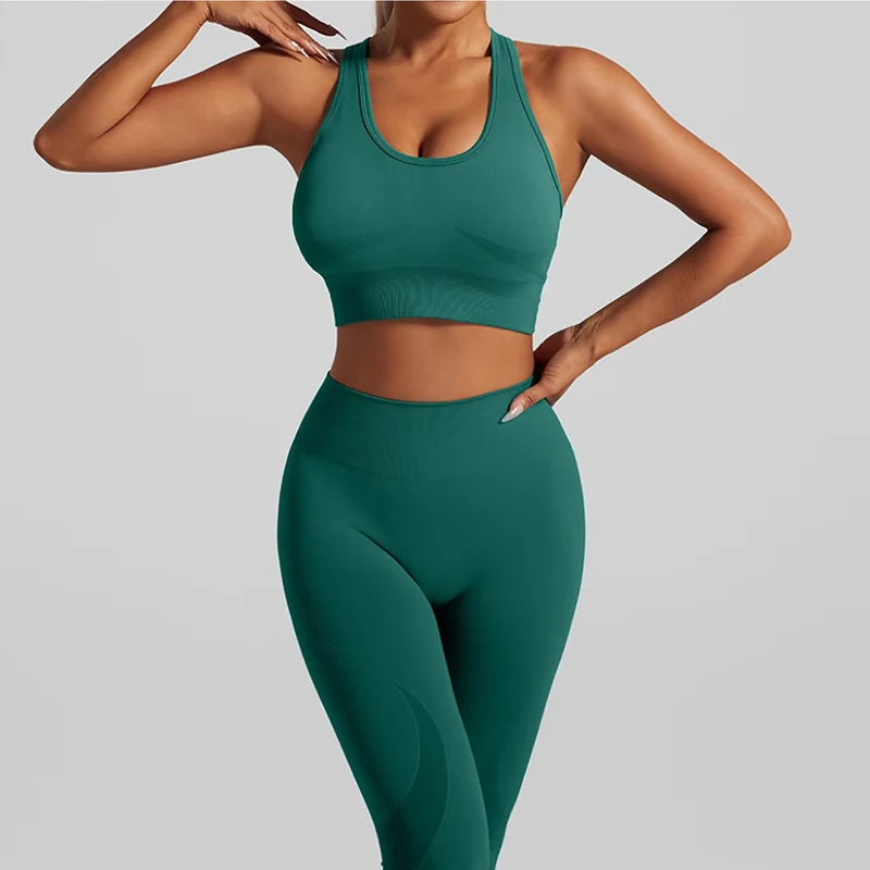 Yoga-Trainingsset für Damen, Rückenfreier Sport-BH mit Kreuzgurt, kombiniert mit Hüftstraffender und hochtaillierter Yoga-Fitnesshose – Detail 6