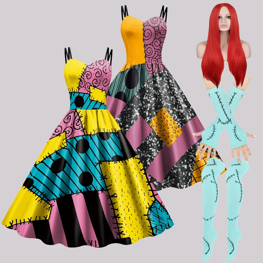 Vestido de Sally con manga, disfraz de Halloween, vestido deslizante, peluca de Sally, calcetines, traje de película de Navidad, traje de fiesta de Carnaval