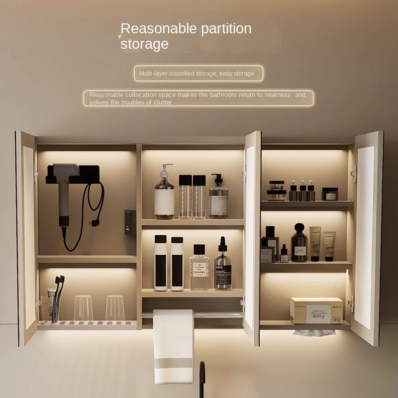 Modern Intelligent Bathroom Mirror Cabinet With LED Light Wall Mounted Storage Cabinet Makeup Vanity For Bathroom Home Hotel Use