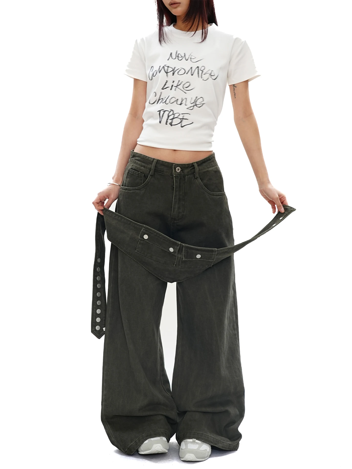 

Мужские джинсовые рабочие брюки S3T5 свободного кроя с поясной сумкой, в американском ретро-стиле, прямые, удлиненные, до пола