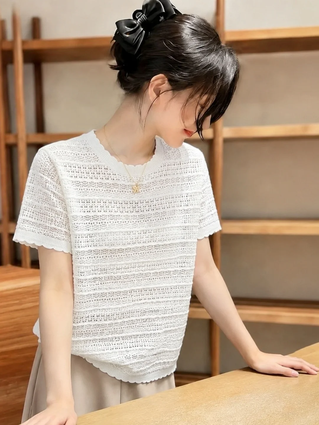 

Summer Knitted Short Sleeve Hollow out Pure Color Simple Style Versatile Slimming Top Korean Style Loose Fit Commute Fashion