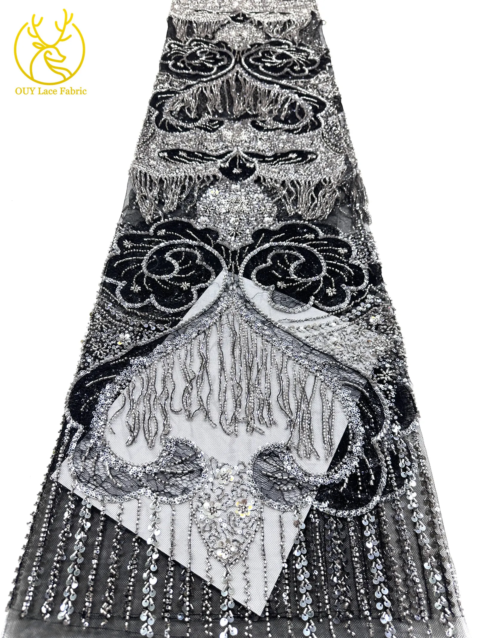 Goldene französische 3D-Laser-Quasten-Perlen-Spitze, luxuriöser afrikanischer Pailletten-Spitzenstoff, nigerianischer Mesh-Spitzenstoff für Damen-Hochzeiten – Detail 20