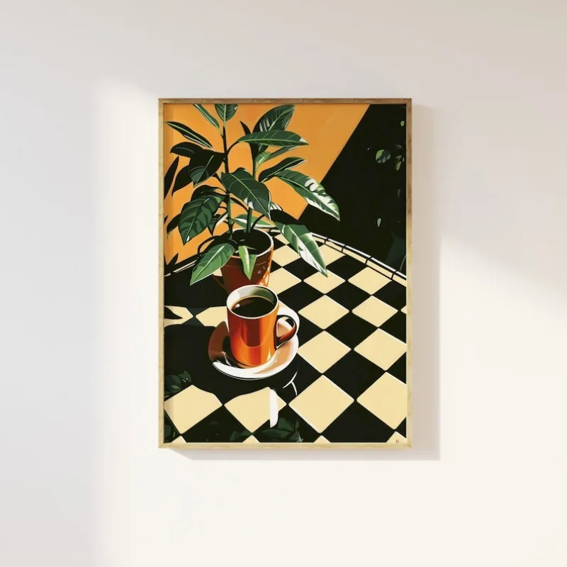 

2D/Flat Retro Coffee Shop Wall Art Poster, Frameless Checkerboard Tiles Print Art Canvas for Living Room and Bedroom Decortions