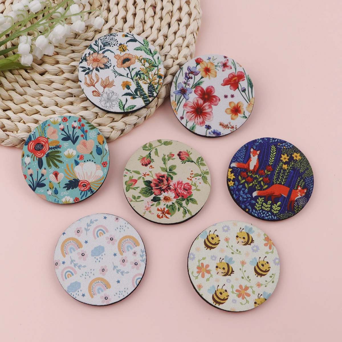 2pcs Vintage Flowers Coasters for Drinks Minimalist Style Leaves Anti Slip Round Car Cup Holder Women's Car Interior Accessories