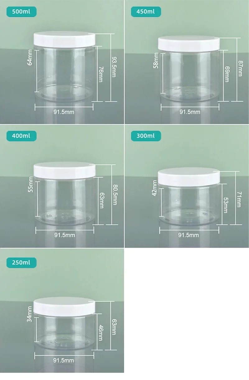 6Pcs 300/400/450/500Ml Clear Plastic Pot Met Zwart Wit Deksel Lege Gezichtscrème cosmetische Container Voor Huidverzorging Set Reizen Fles