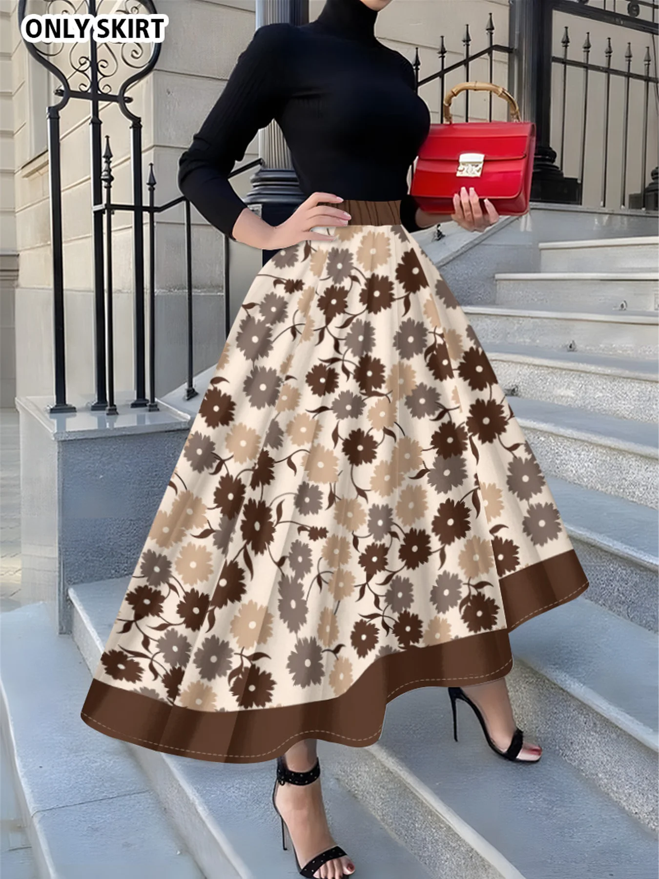 Printed Design Casual Cream Base Brown Daisy Print Elastic Waist Flared Midi Skirt