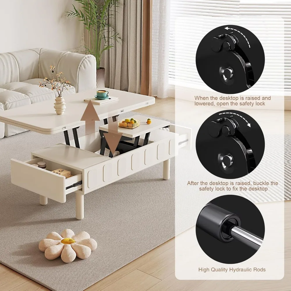 Lift Top Coffee Table, 3 in 1 Multi-Function Convertible Coffee Tables with Drawer and Hidden Compartment, Modern Center Table w