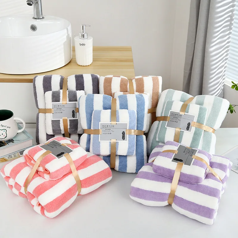 1 Set Striped Towel Bath Towel Household Coral Velvet Baby Bath Towel Soft Thickened Plush Children\'s Absorbent Bath Towel